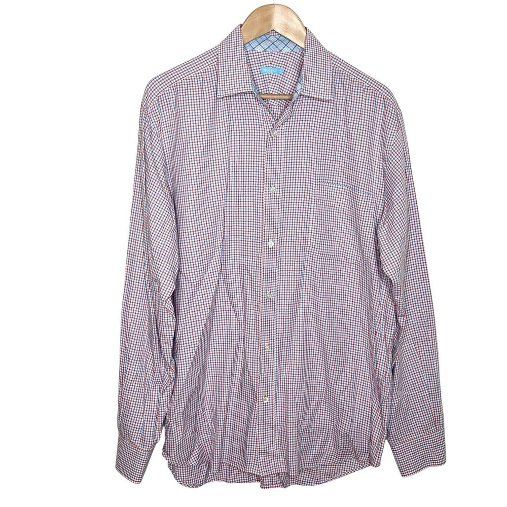J McLaughlin Button Up Microplaid Shirt Red White Blue Mens L Preppy Americana